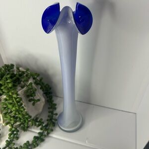 Vintage Jack-In-The-Pulpit Opalescent Blue Trim White Glass Vase 12”